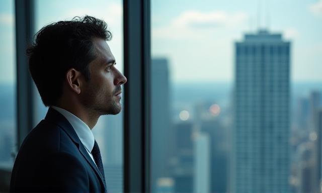 A focused professional in a modern office reflecting on strategy