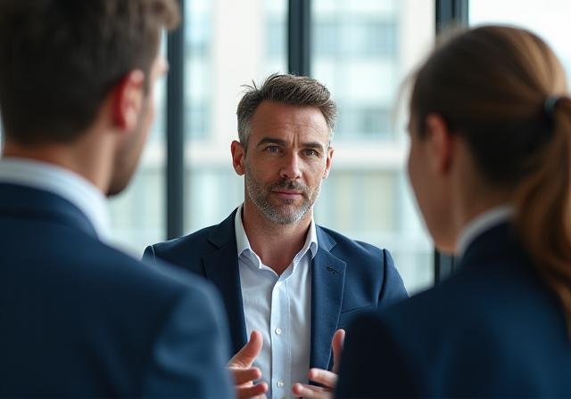 A professional leader engaging in a thoughtful discussion with a team in a modern UK office